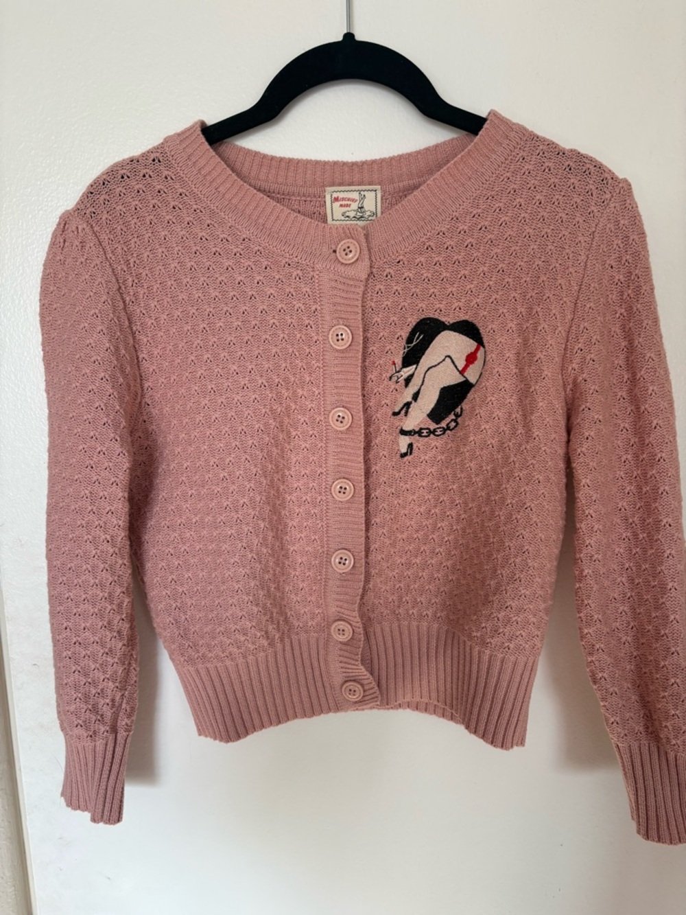 Mischief Made Women’s M Retro Style Cardigan with Leg and Heart Design